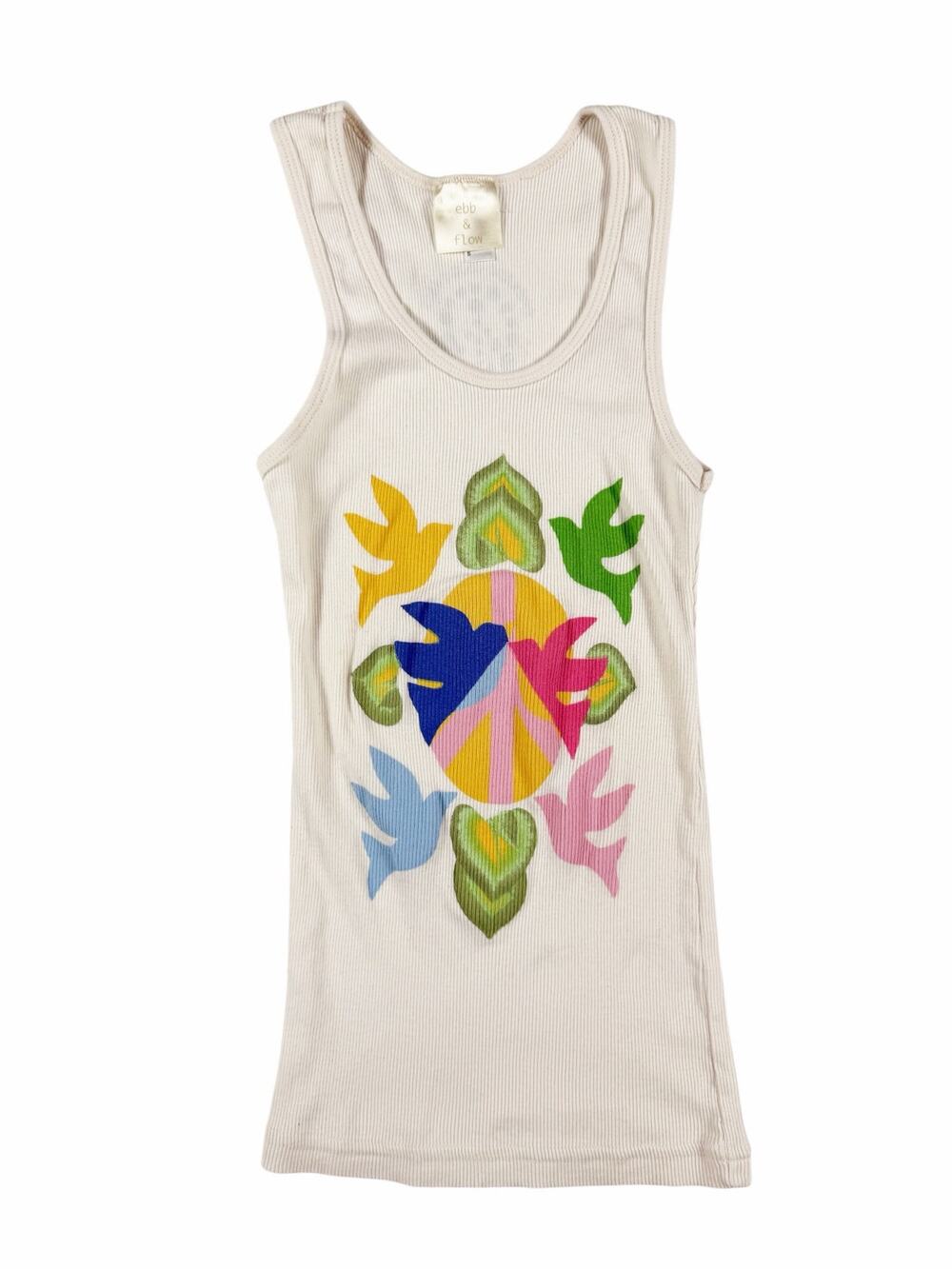 Ebb & Flow Organic Cotton Peace Sign Dove Graphic Ribbed Tank Top Size Small